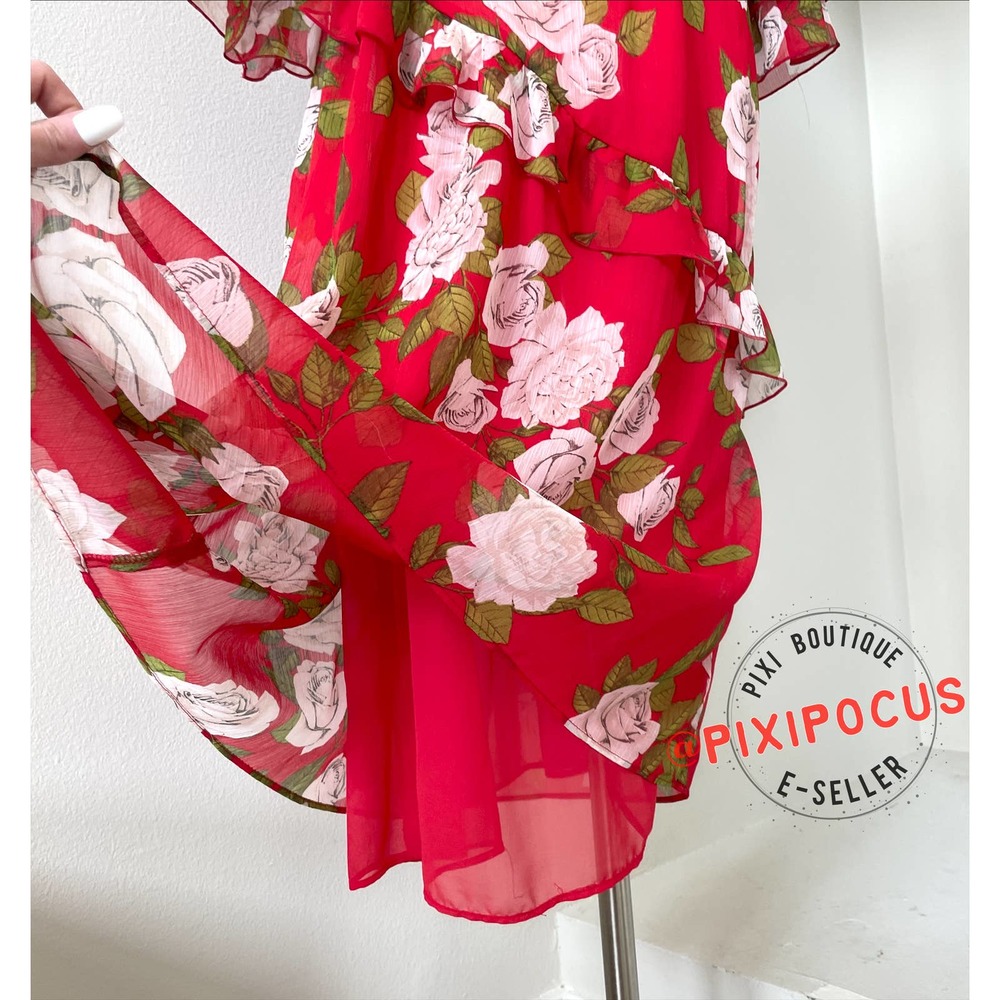 ZARA FLOWY RUFFLE TRIM LONG DRESS WITH TIE ROSE PRINT RED - Picture 14 of 16